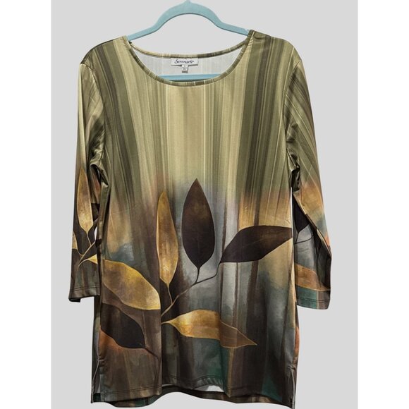 Serengeti Tops - Serengeti Womens Large Green Top With Abstract Leaf Pattern 3/4 Sleeves